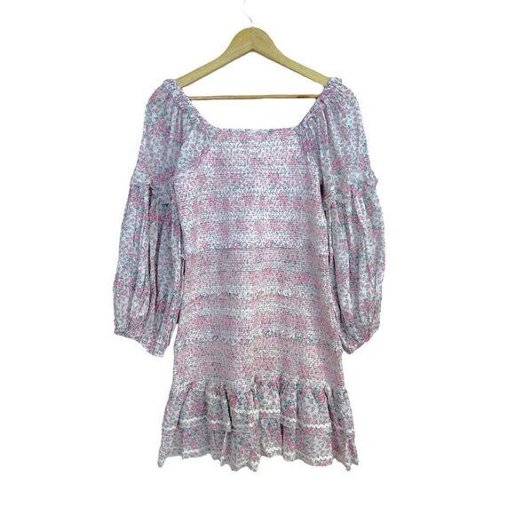 LoveShackFancy Ensley Printed Smocked Cotton Long Sleeve Mini Dress, Size Large - Picture 9 of 11